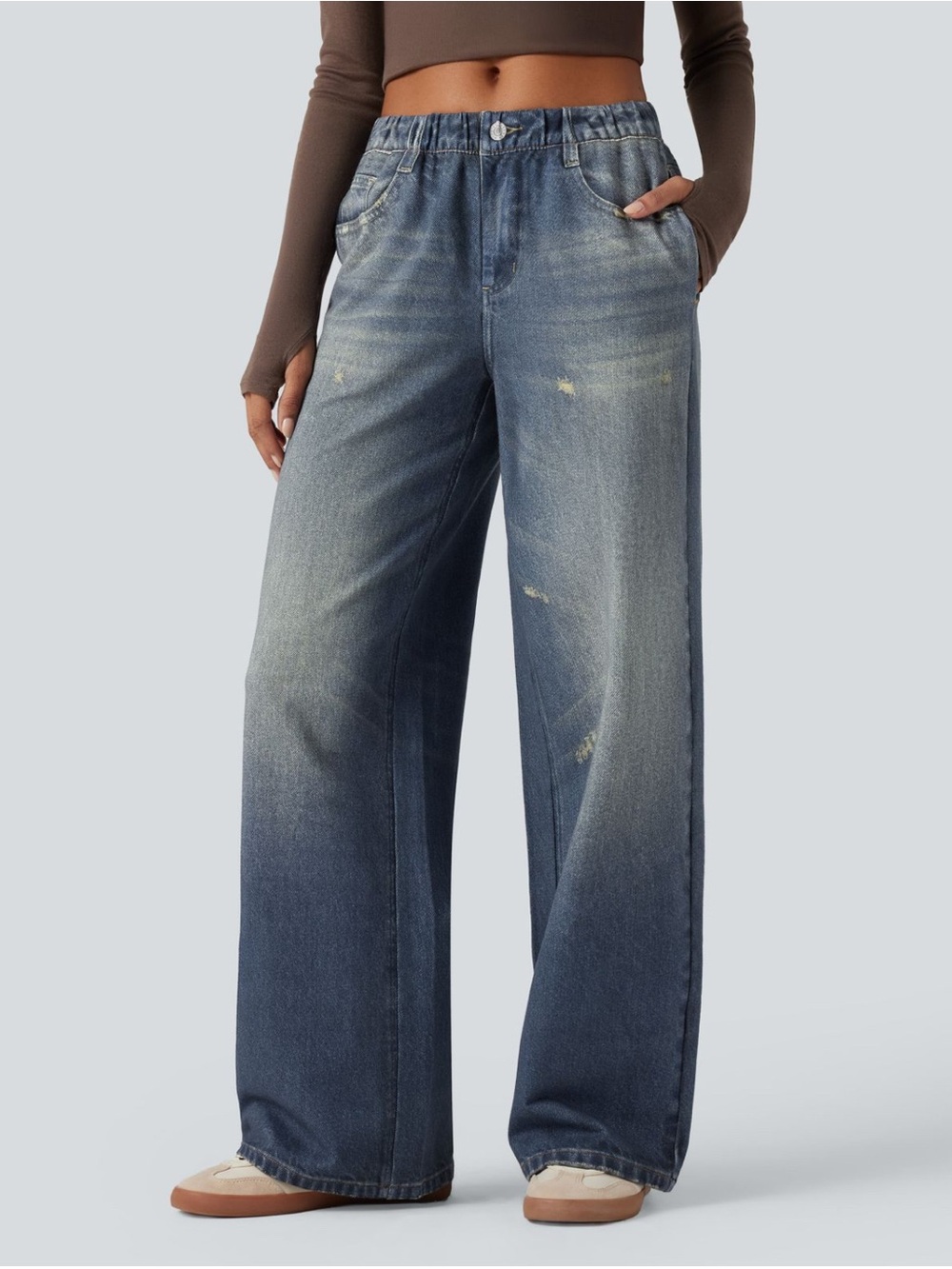 NWT HALARA Mid Rise Denim Print French Terry Sweatpants Jeans with Pockets SZ L